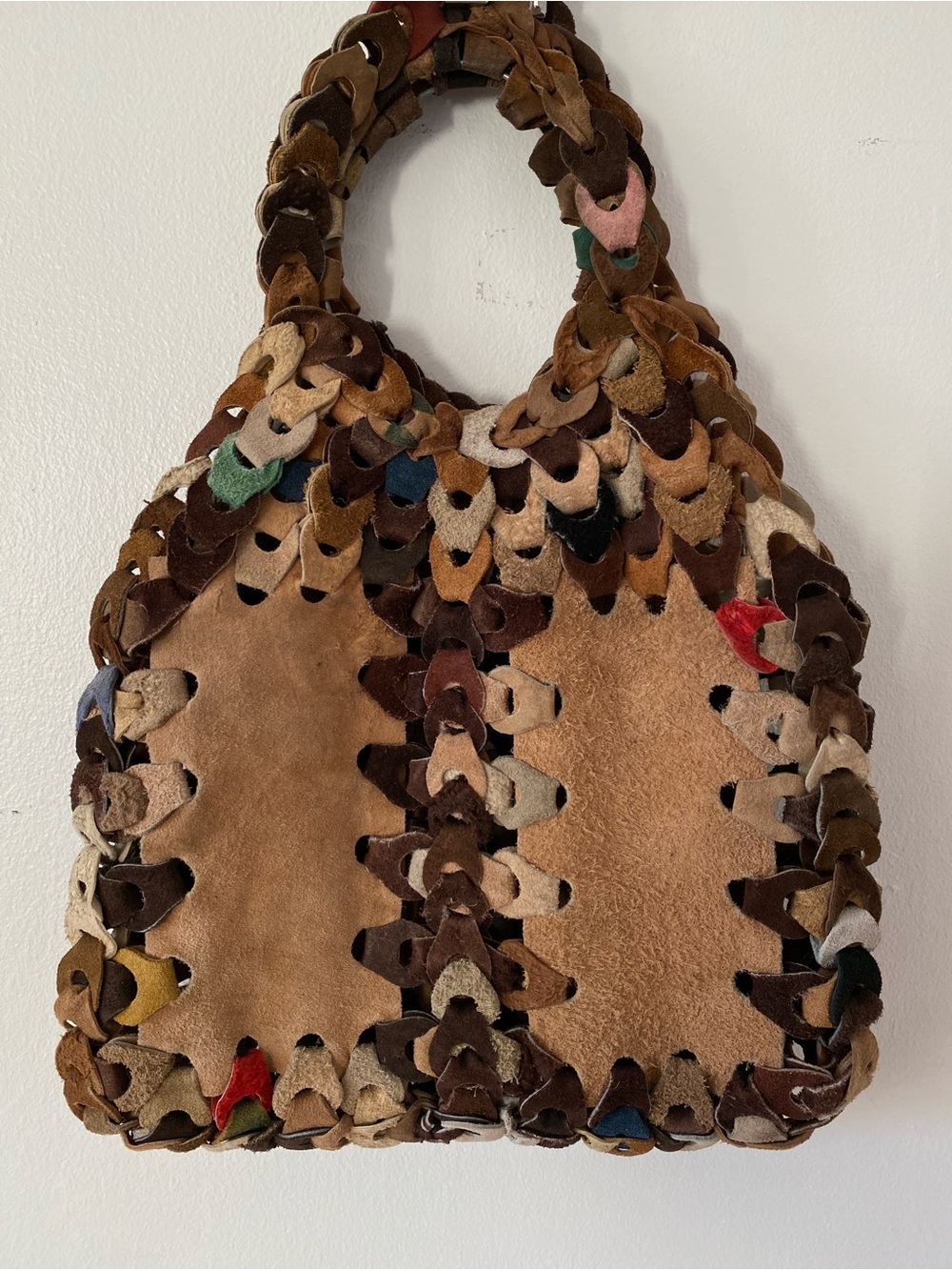 Vintage Hippie 60s 70s Handcrafted Multicolor Suede Patchwork Tote Handbag Loops